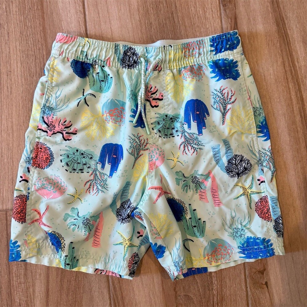 Cat & Jack Boys Swim Trunks Size L (10/12) Green Coral Reef Sea Life Print